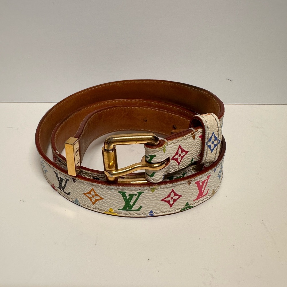 Louis Vuitton White and Brown Belt with Colorful Pattern and Gold Buckle